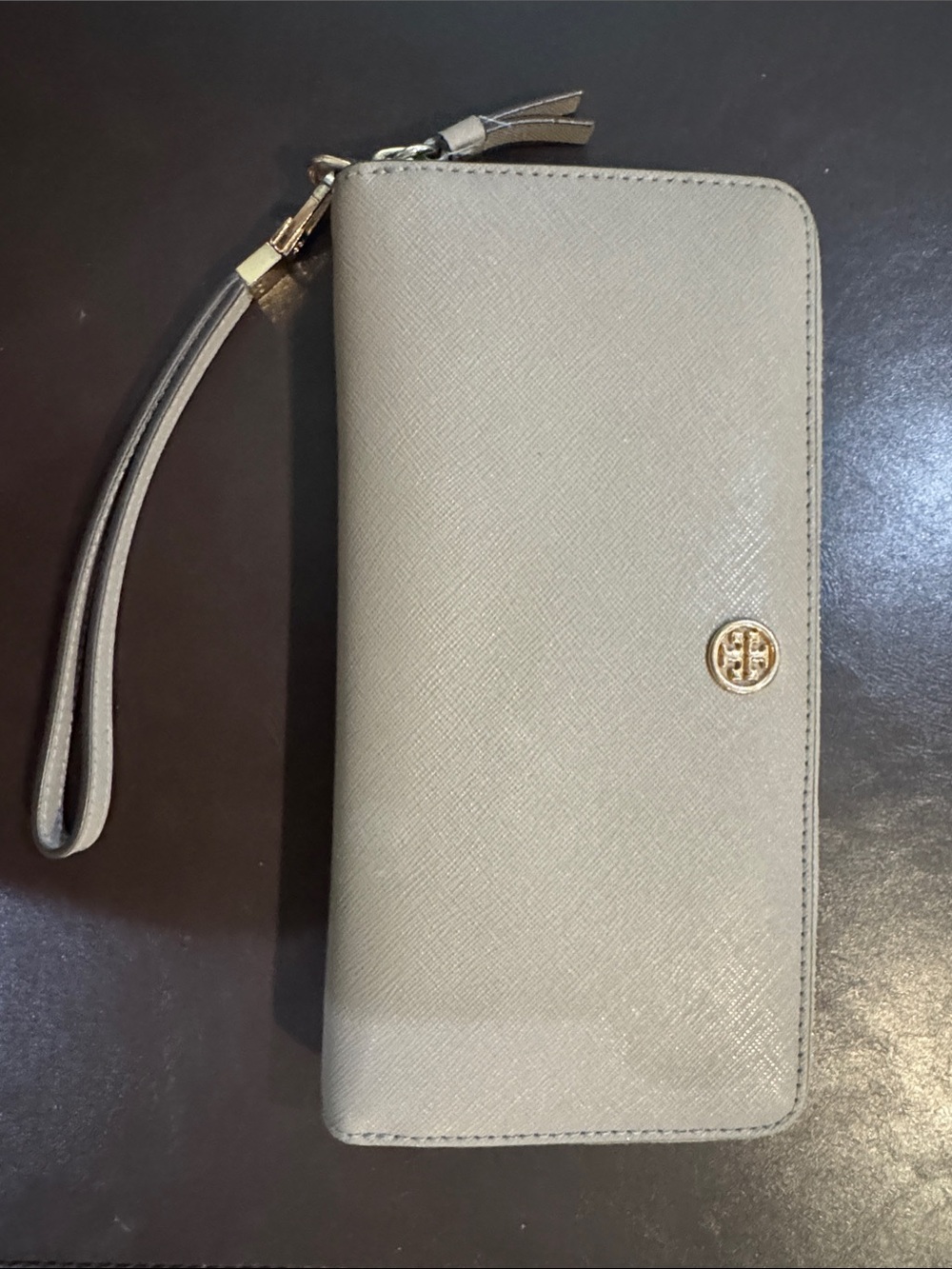 Tory Burch Neutral Saffiano Zip Wristlet with Gold Logo